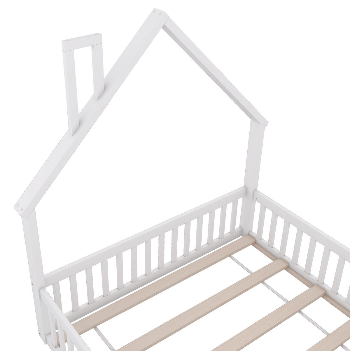 KINDERBETT aus Kiefernholz 140x190 cm in Weiß mit Schornsteinform & Rausfallschutz - Weiß, Holzwerkstoff (140/190cm) - Modfu