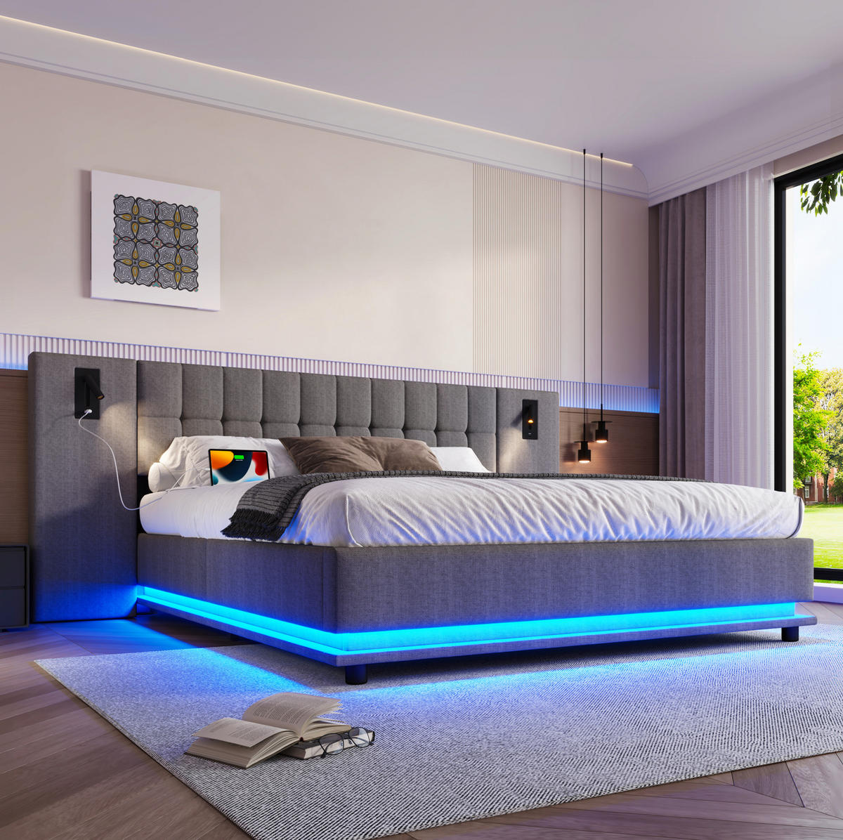 ČALÚNENÁ posteľ z ľanu 180x200 cm sivá s LED osvetlením, USB portom, bodovým svetlom a bez matraca - sivá, textil (180/200cm) - Modfu