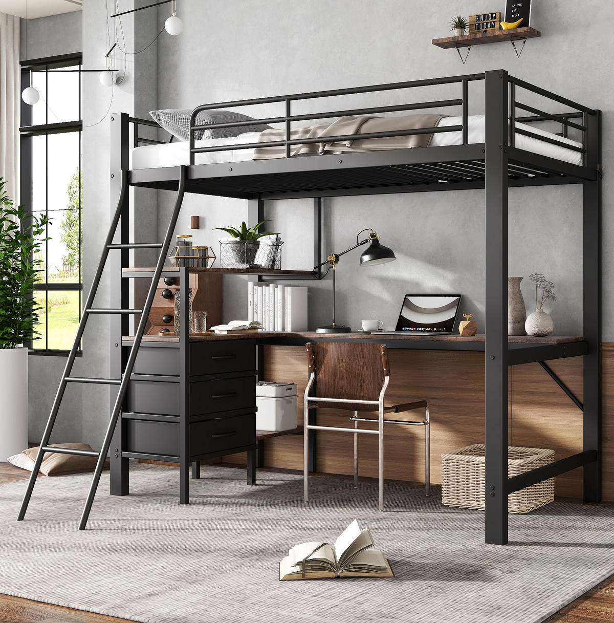 HOCHBETT 90/200 cm aus Metall und Spanplatte mit 2 m Schreibtisch und 3 Schubladen Schwarz/Dunkle Walnuss - Schwarz, Metall (90/200cm) - Modenvie