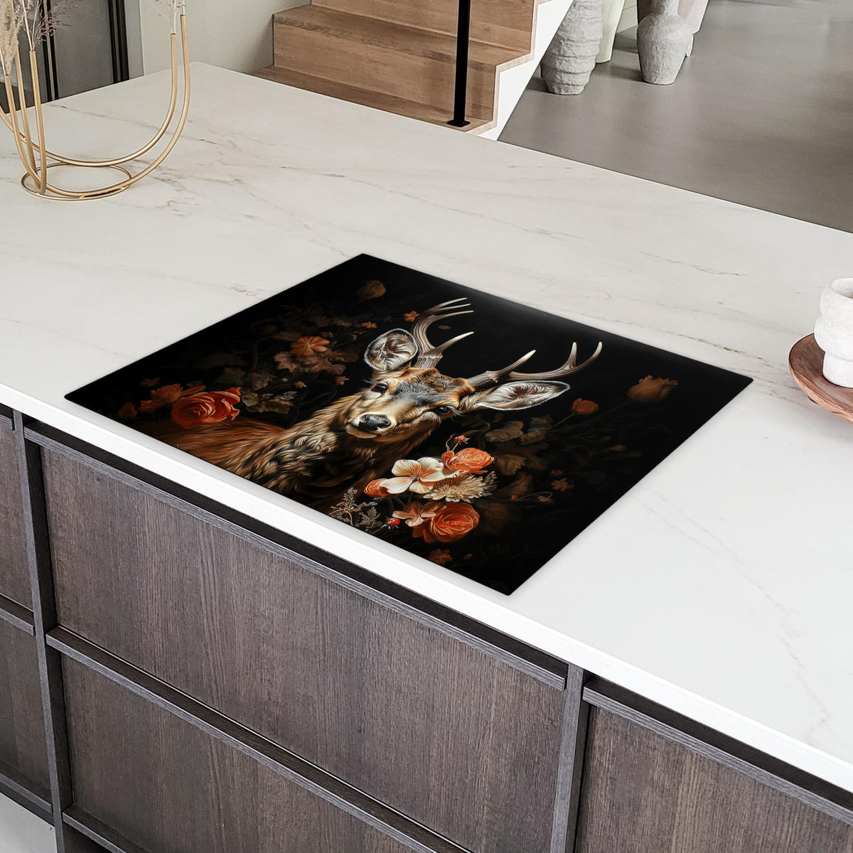 HERDABDECKPLATTE Hirsch - Tier - Blumen - Natur - Botanisch 77x59 cm - Kupferfarben, Kunststoff (77/59/0.2cm) - MuchoWow