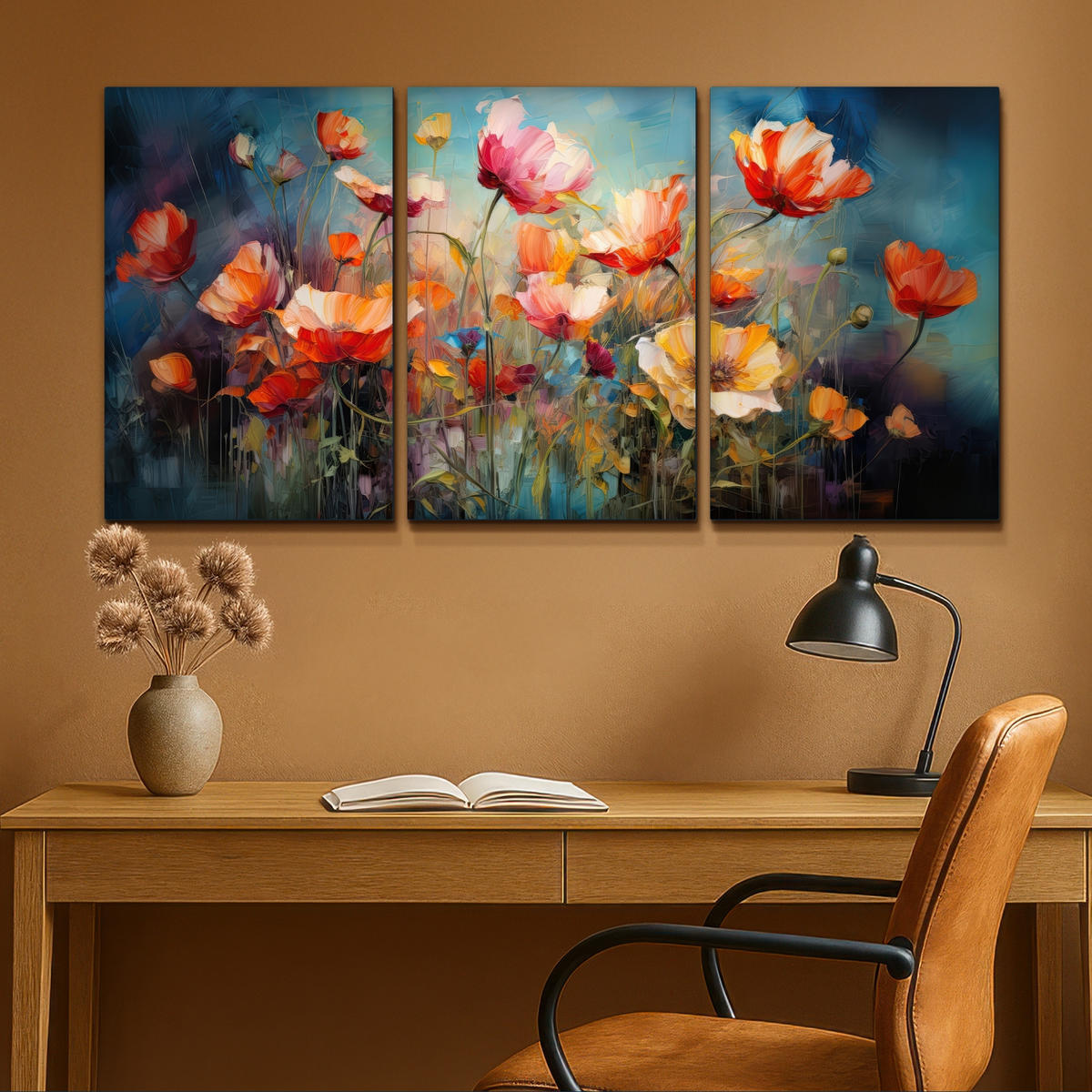 LEINWANDBILD 3er Set Blumen - Bunt - Abstrakt 120x60 cm - Blaugrau, Textil (120/60cm) - MuchoWow