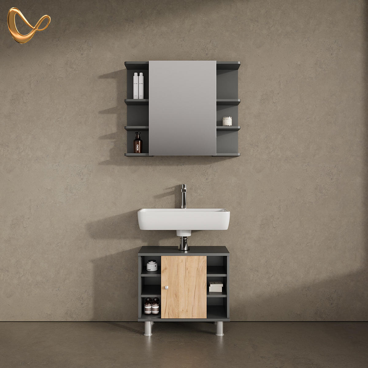 BADMÖBEL-SET Fucino Anthrazit/Goldkraft Eiche 2 Teile - Anthrazit/Eiche Wotan, Holzwerkstoff (60/54/32cm) - Livinity®