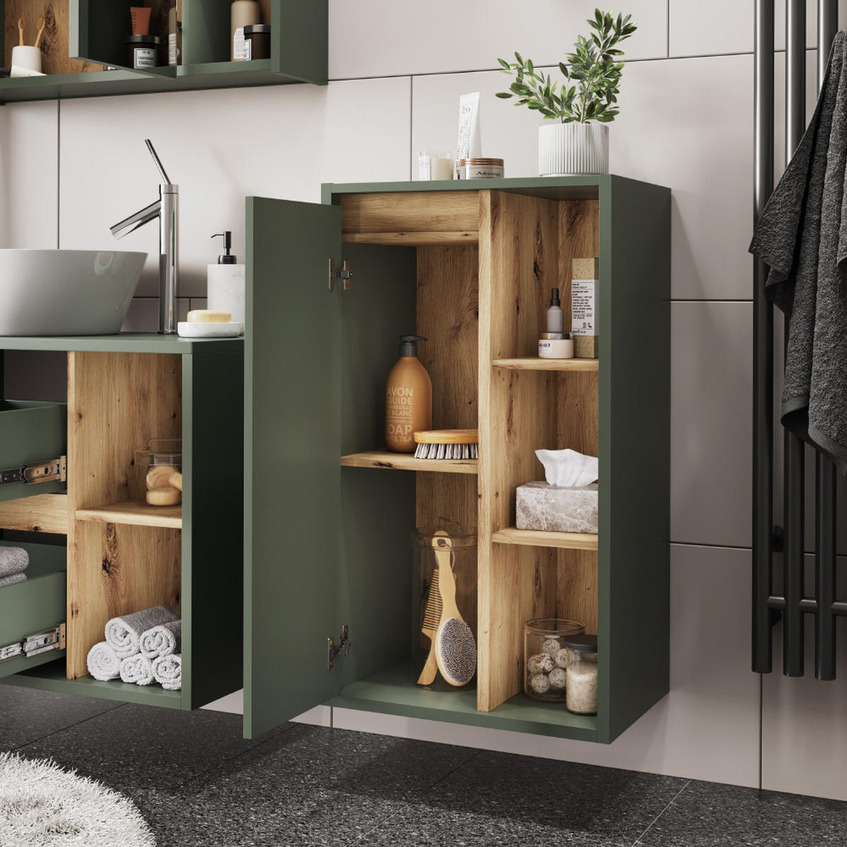 MIDISCHRANK Viola Grün/Artisan 50 x 86 cm mit offenen Regalen - Eiche Artisan/Grün, Holzwerkstoff (50/86/33cm) - Vicco