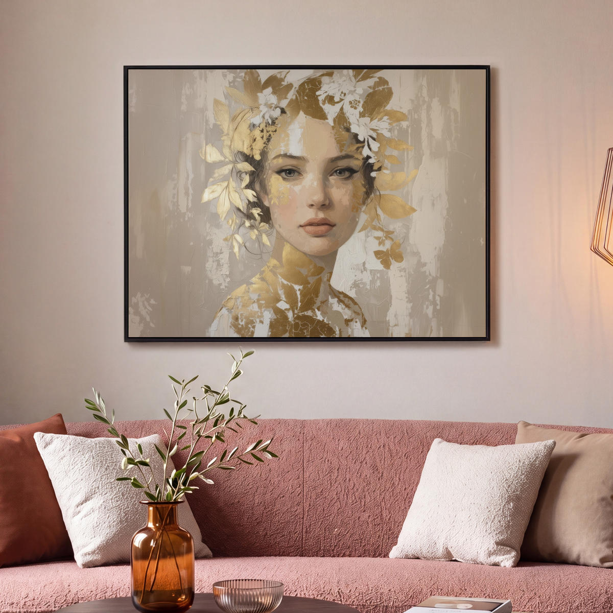 LEINWAND Bilder mit Rahmen - Gesicht - Frau - Blätter - Gold - 100x70 - Beige, Textil (100/70cm) - MuchoWow