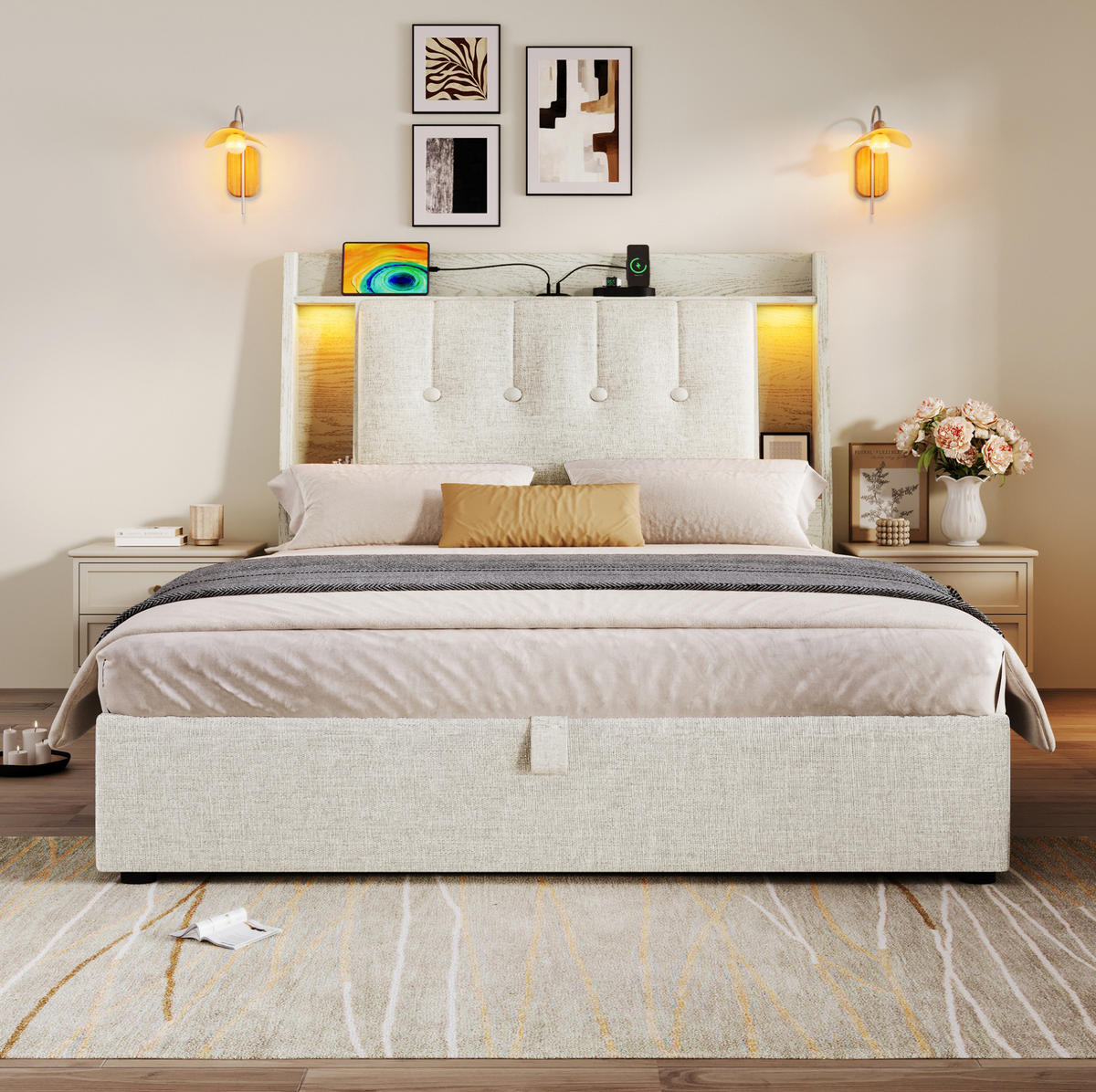 POLSTERBETT mit Stauraum, USB und LED 90x200 cm Leinen Beige - Beige, Metall (90/200cm) - Meubliv