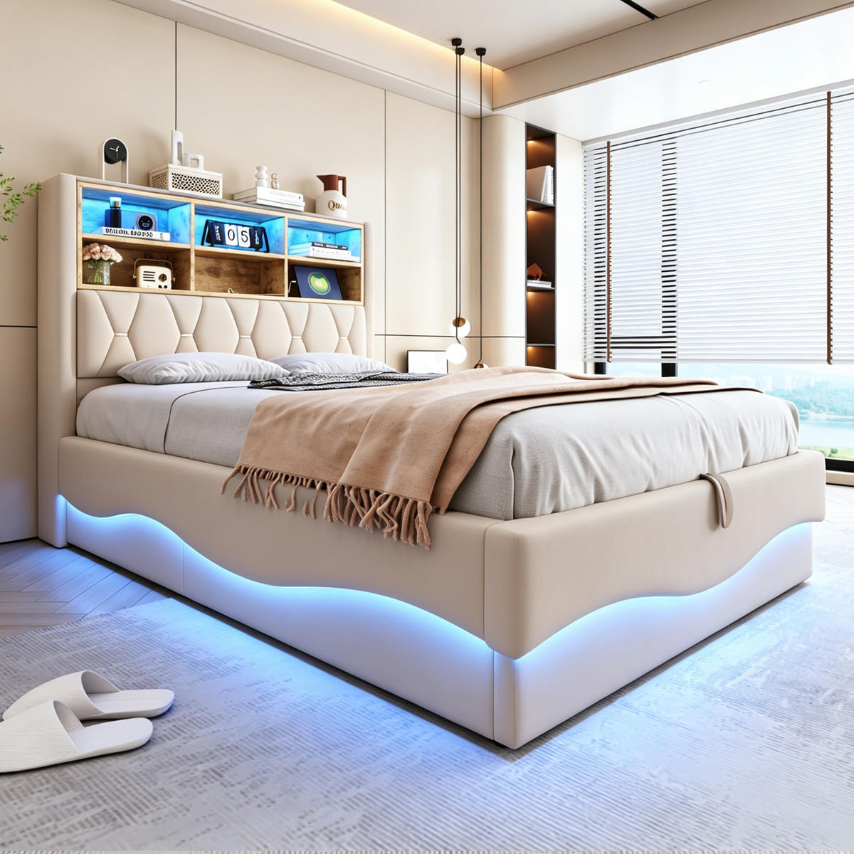 STAURAUMBETT 140/200 cm mit APP-LED, USB und Hydraulik, DE-02053, in Beige - Beige, Metall (140/200cm) - ComfortXL