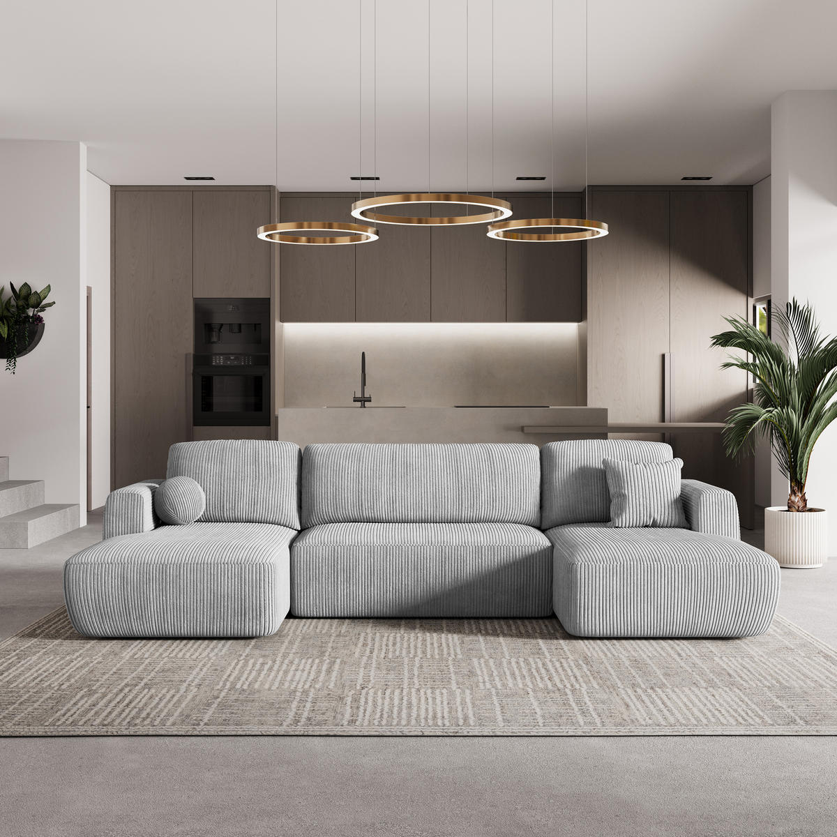 ROHOVÁ SEDAČKA SENTUM světle šedá - černá/světle šedá, dřevo/textil (330/148cm) - MASSENO