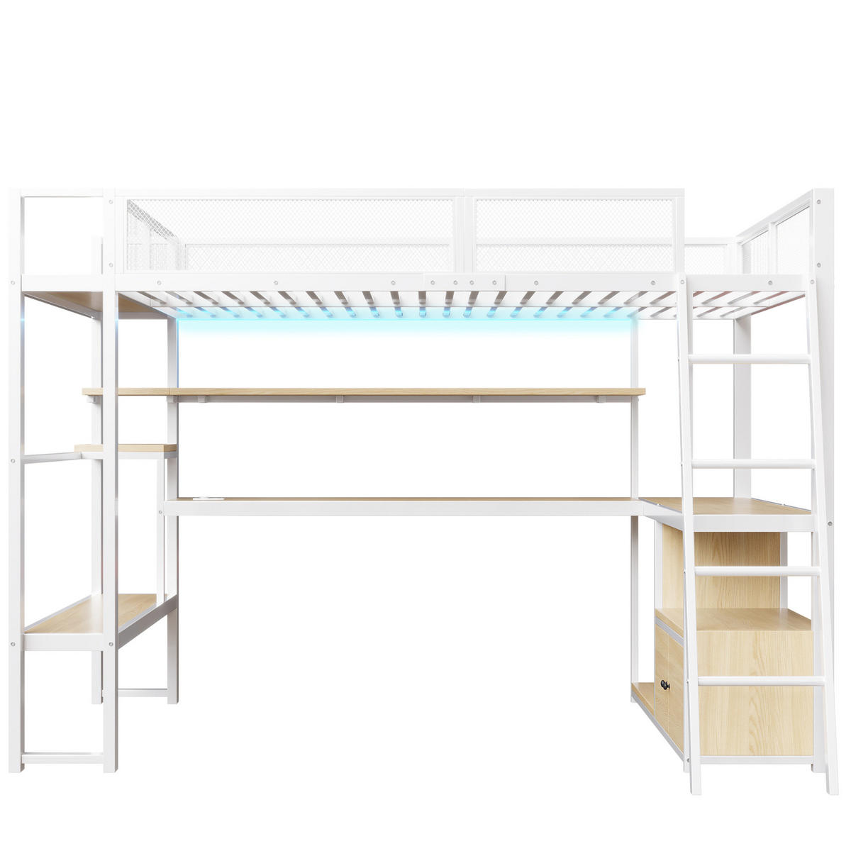 VYSOKÁ posteľ 140/200 cm biela z MDF a kovu s písacím stolom LED osvetlením a úložným priestorom - biela, kompozitné drevo (140/200cm) - OKWISH