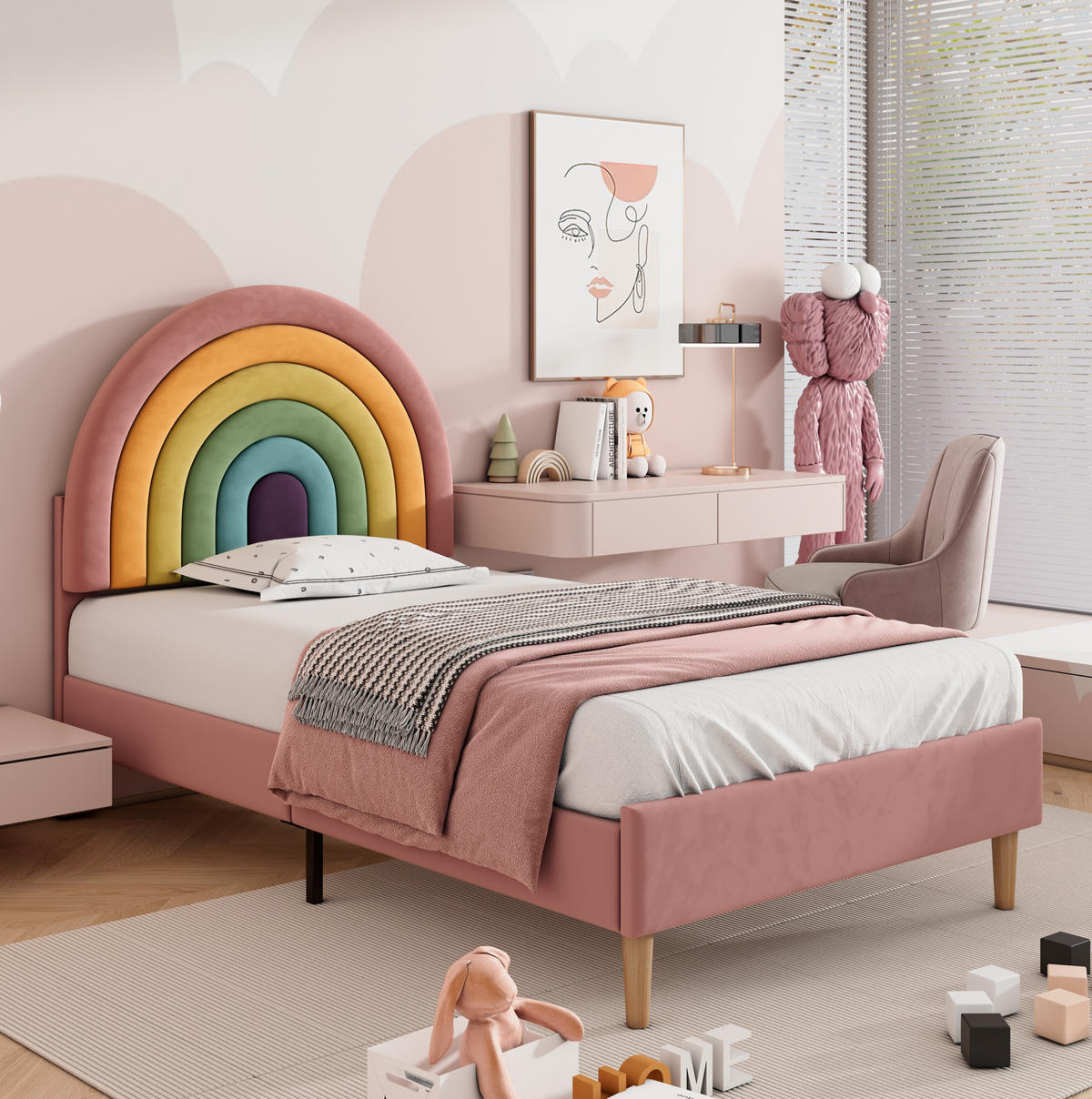 SAMT-POLSTERBETT 90/200 cm in Rosa mit Lattenrost und höhenverstellbarem Kopfteil - Rosa, Textil (90/200cm) - BEAOK