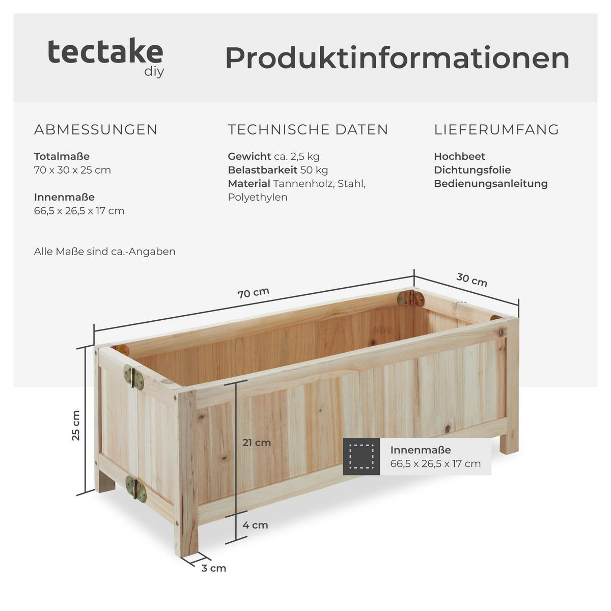 HOCHBEET Blomster, 70 x 30 x 25 cm, Belastbarkeit 50 kg, braun - Braun, Holz (70/25/30cm) - tectake