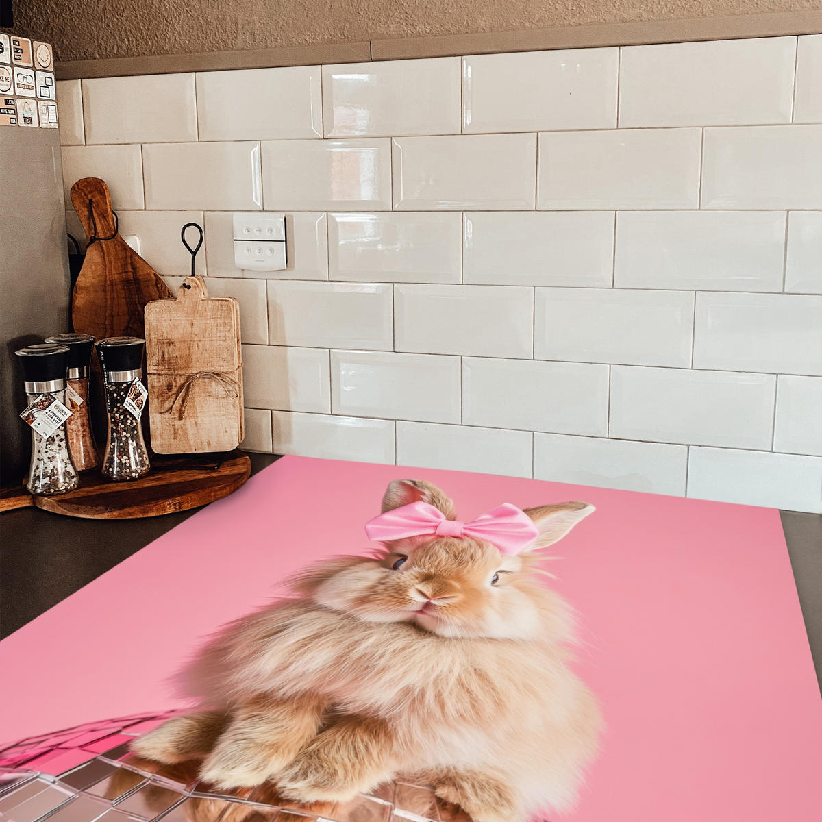 HERDABDECKPLATTE Schleife - Discoball - Kaninchen Induktionsmatte 78x78 cm - Pink, Kunststoff (78/78/0.2cm) - MuchoWow