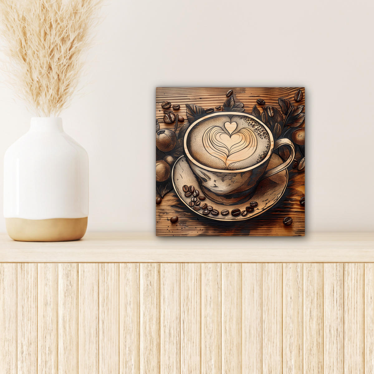 LEINWANDBILD Kaffee - Vintage - Braun - Tasse - Holz Deko Wohnzimmer 20x20 cm - Braun, Textil (20/20cm) - MuchoWow
