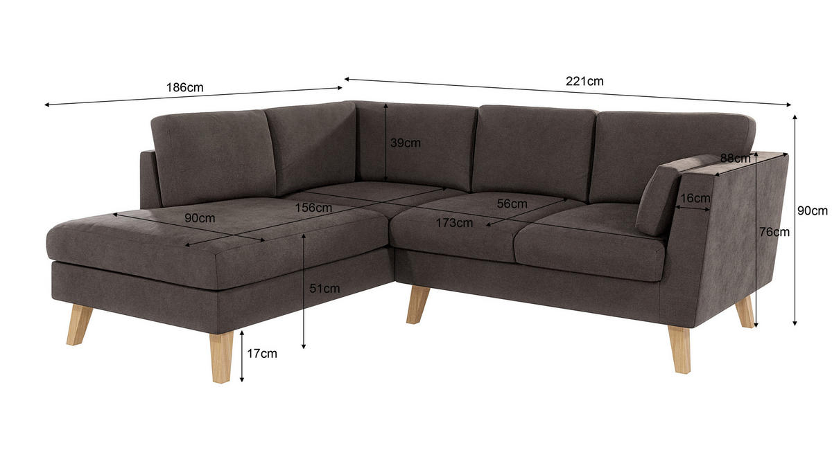 ECKSOFA Mario Braun - Khaki Microfaser - Dunkelbraun/Naturfarben, Buchenholz/Textil (221/186cm) - S-Style Möbel