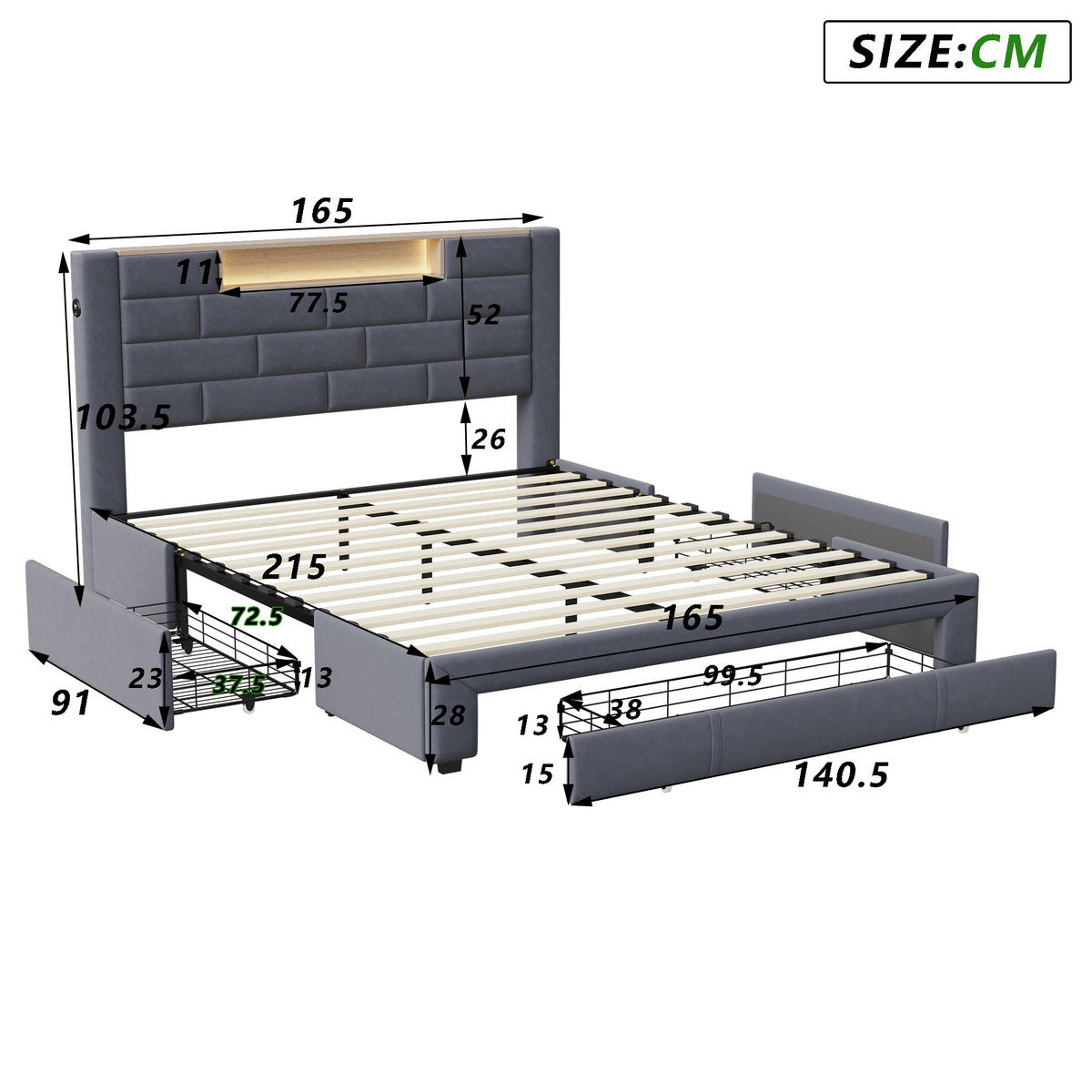 POLSTERBETT 160x200 cm, Grau, mit 3 Schubladen, LED & USB - Grau, Textil/Metall (160/200cm)