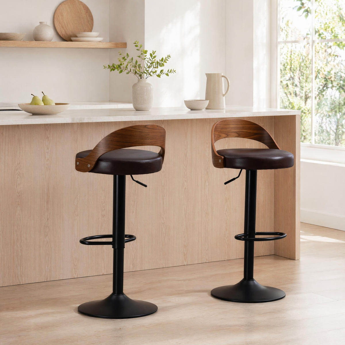 BARHOCKER 2er-Set mit Rückenlehne, 360° drehbar und höhenverstellbar, Braun - Braun, Metall (42/77/42.5cm) - MIVRAY