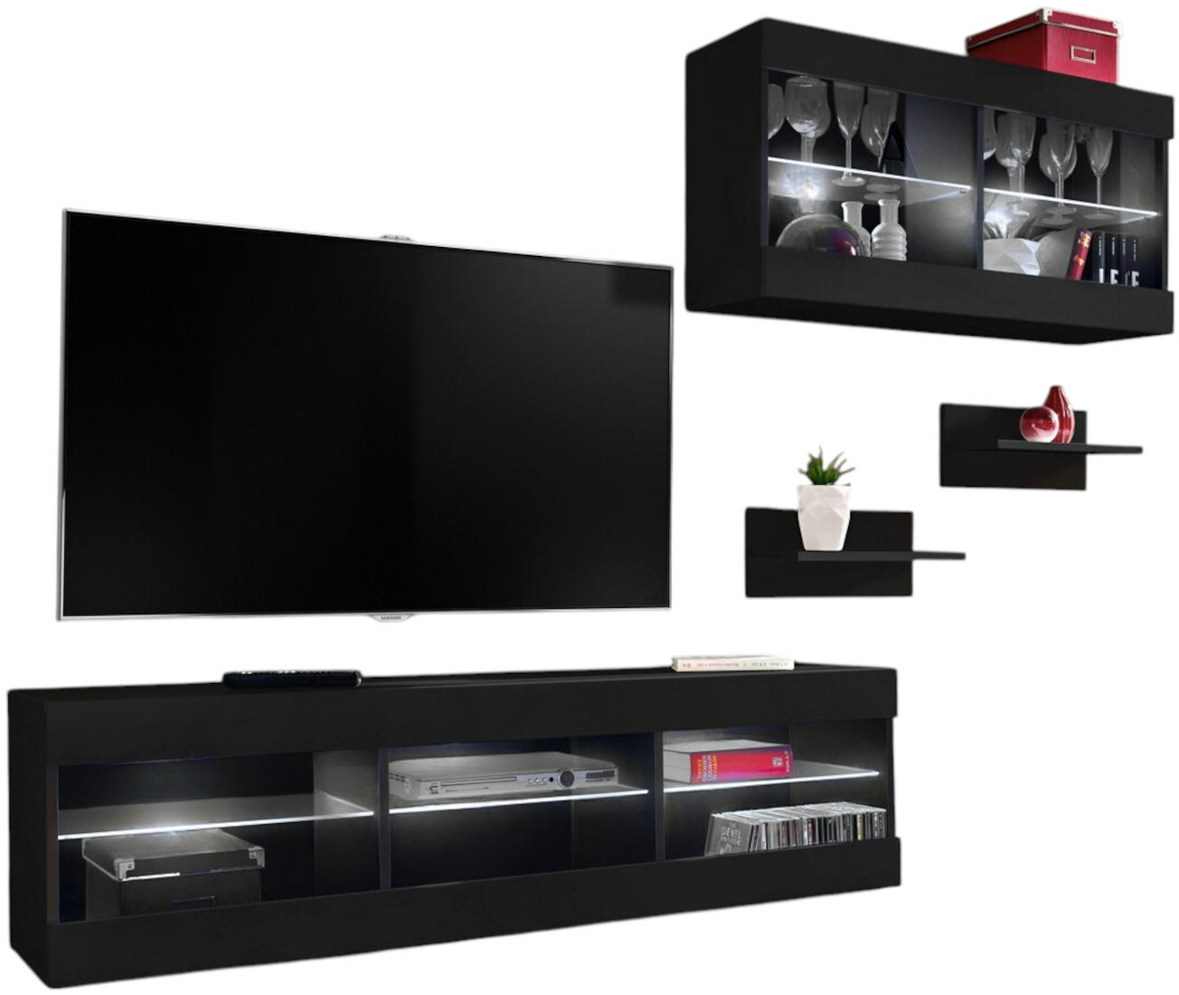 WOHNWAND 4-er Set, TIVOLI SET3 Schwarz + Schwarz, Offener Raum - Schwarz, Glas/Holzwerkstoff (240/195/35cm) - Komodee