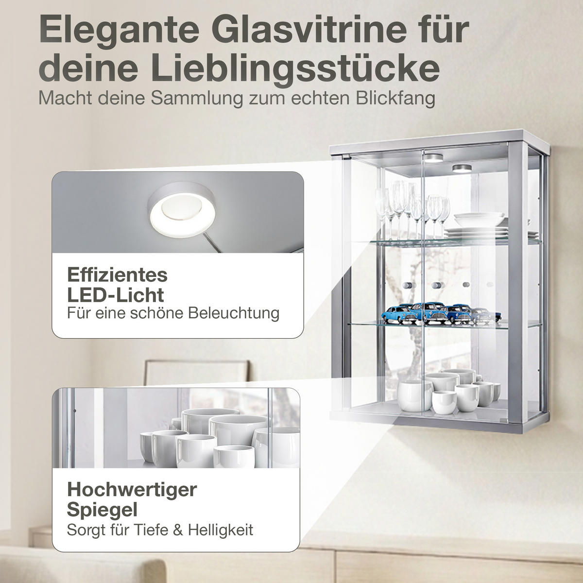 HÄNGEVITRINE 25/60/80 cm mit Spiegel, LED & 2 höhenverstellbaren Glasböden - Transparent/Silberfarben, Glas/Holzwerkstoff (60/80/25cm) - K-Möbel