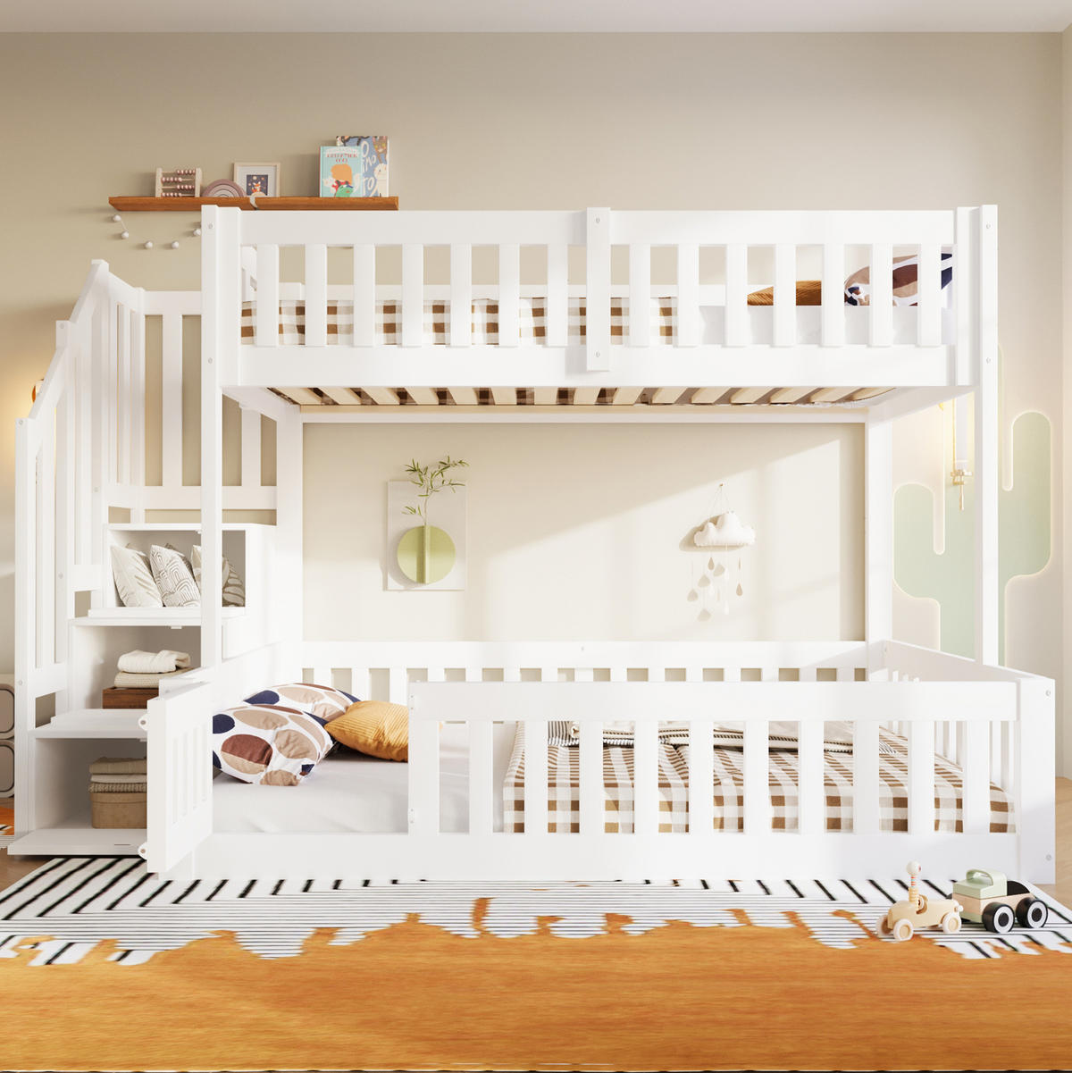 ETAGENBETT aus Kiefernholz und MDF 90x200/140x200 cm Weiß mit Stauraumtreppe - Weiß, Holzwerkstoff (90/200cm) - Modfu