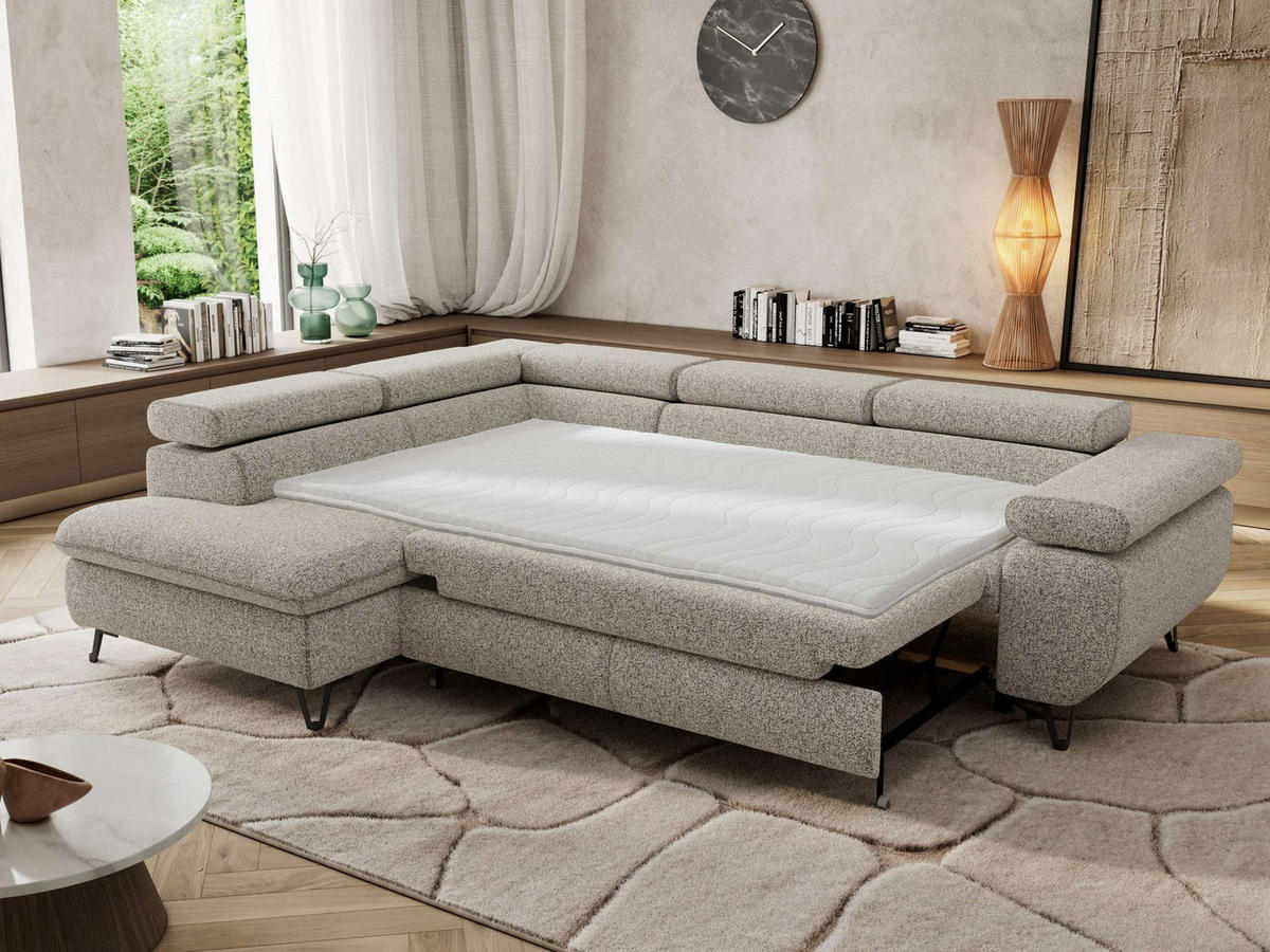 ECKSOFA PABLO L Hellgrau Struktur - Links Seite mit T25 Topper - Hellgrau/Schwarz, Textil/Metall (208/273cm) - MKS