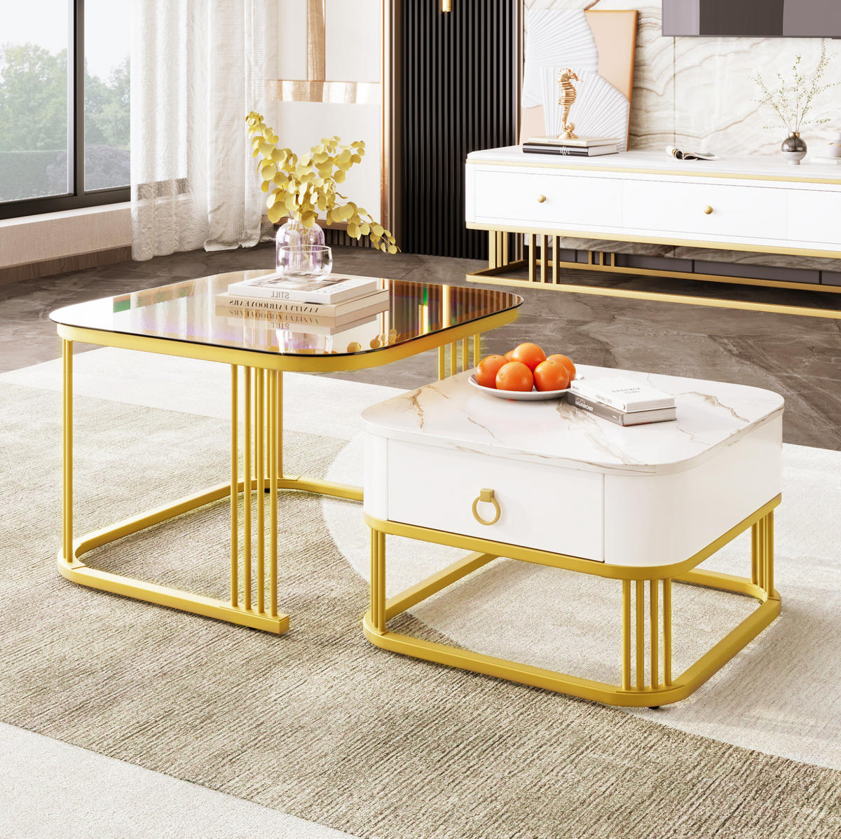 COUCHTISCH 60/60/44.5+50/50/34.5 cm in Weiß/Gold aus MDF mit Schublade - Weiß, Holzwerkstoff (60/60/45cm) - OKMYHOME