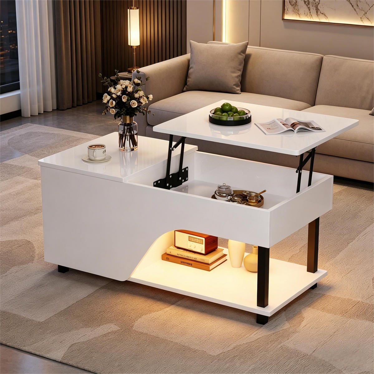 COUCHTISCH DE-37127 höhenverstellbar mit verstecktem Stauraum Weiß - Weiß, Holzwerkstoff (50/100/46cm) - ComfortXL