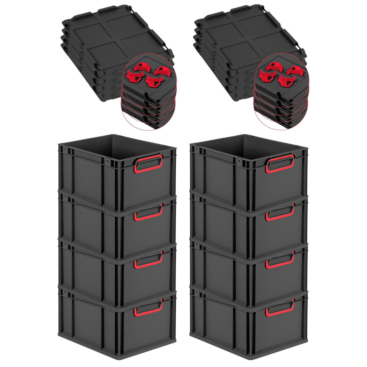 EUROBOX 8x NextGen Color mit Auflagedeckel 22x30x40 cm 20 Liter Schwarz Griffe rot zu - Rot/Schwarz, Kunststoff (30/22/40cm) - PROREGAL