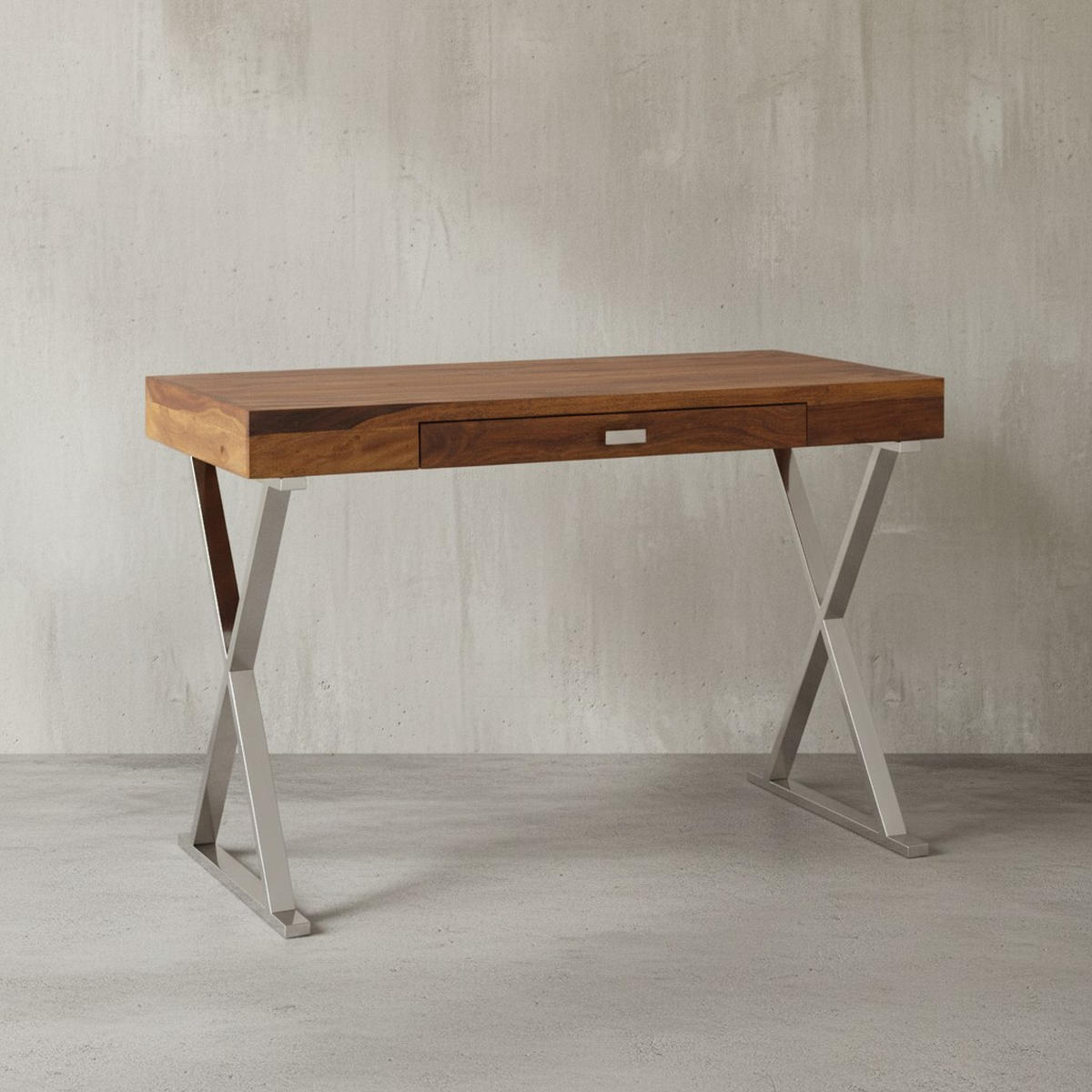 SCHREIBTISCH Massivholz X-Gestell Schublade, Silber 120x55x78 cm - Silberfarben, Holz/Metall (55/120/78cm) - KADIMA DESIGN