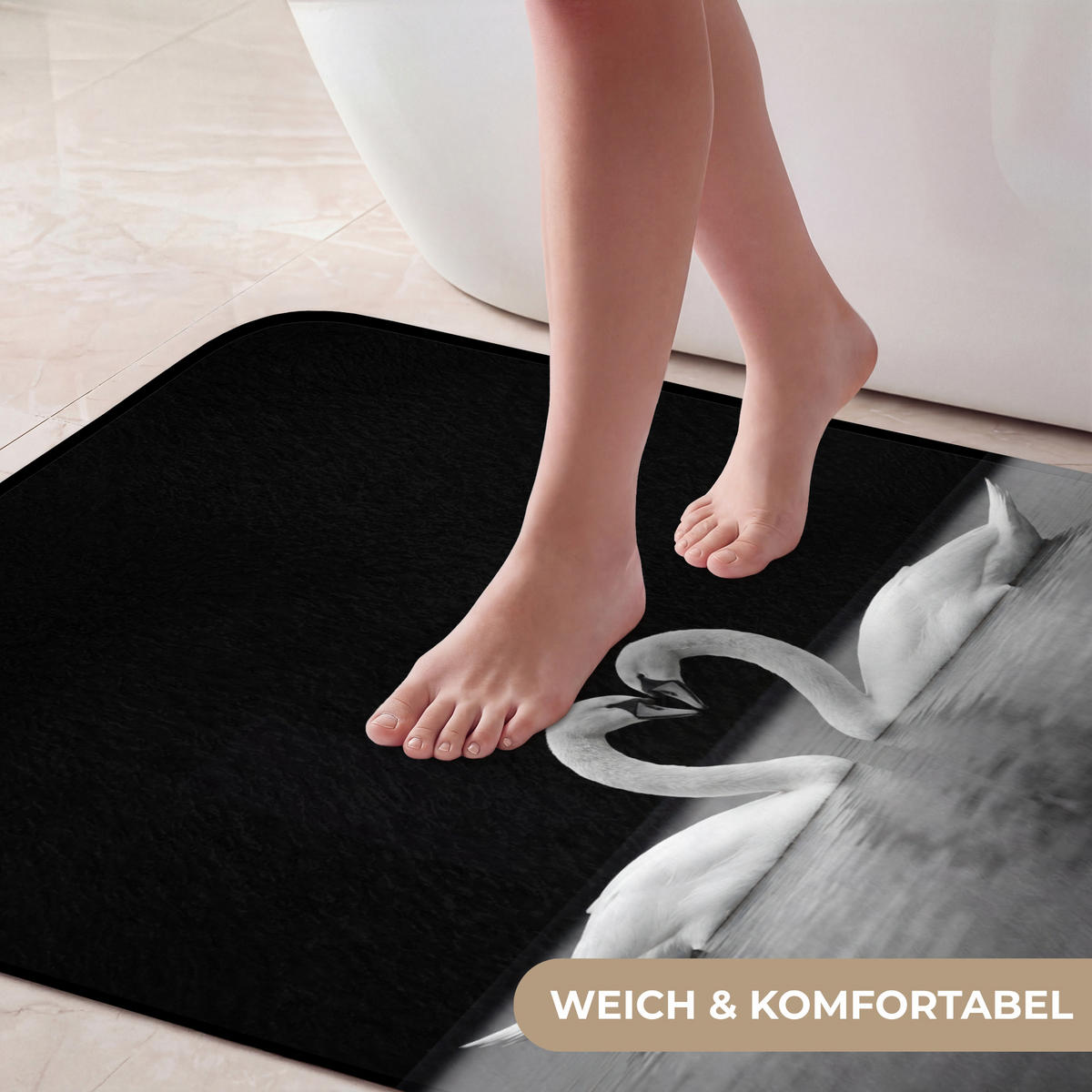 KOUPELNOVÁ PŘEDLOŽKA Labutě - srdce - černá - bílá 60x90 cm - černá, textil/plast (60/90cm)