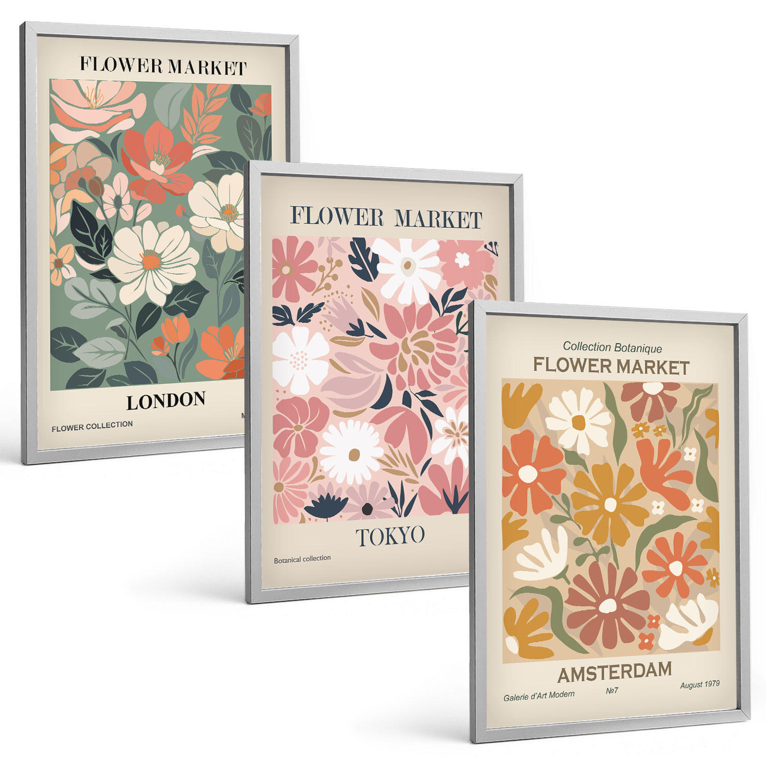 BILDER SET 3er Set - 40x60 cm Silberner Rahmen - Blumenmuster London Tokio Amsterdam - Silberfarben, Kunststoff (40/60cm) - TULUP