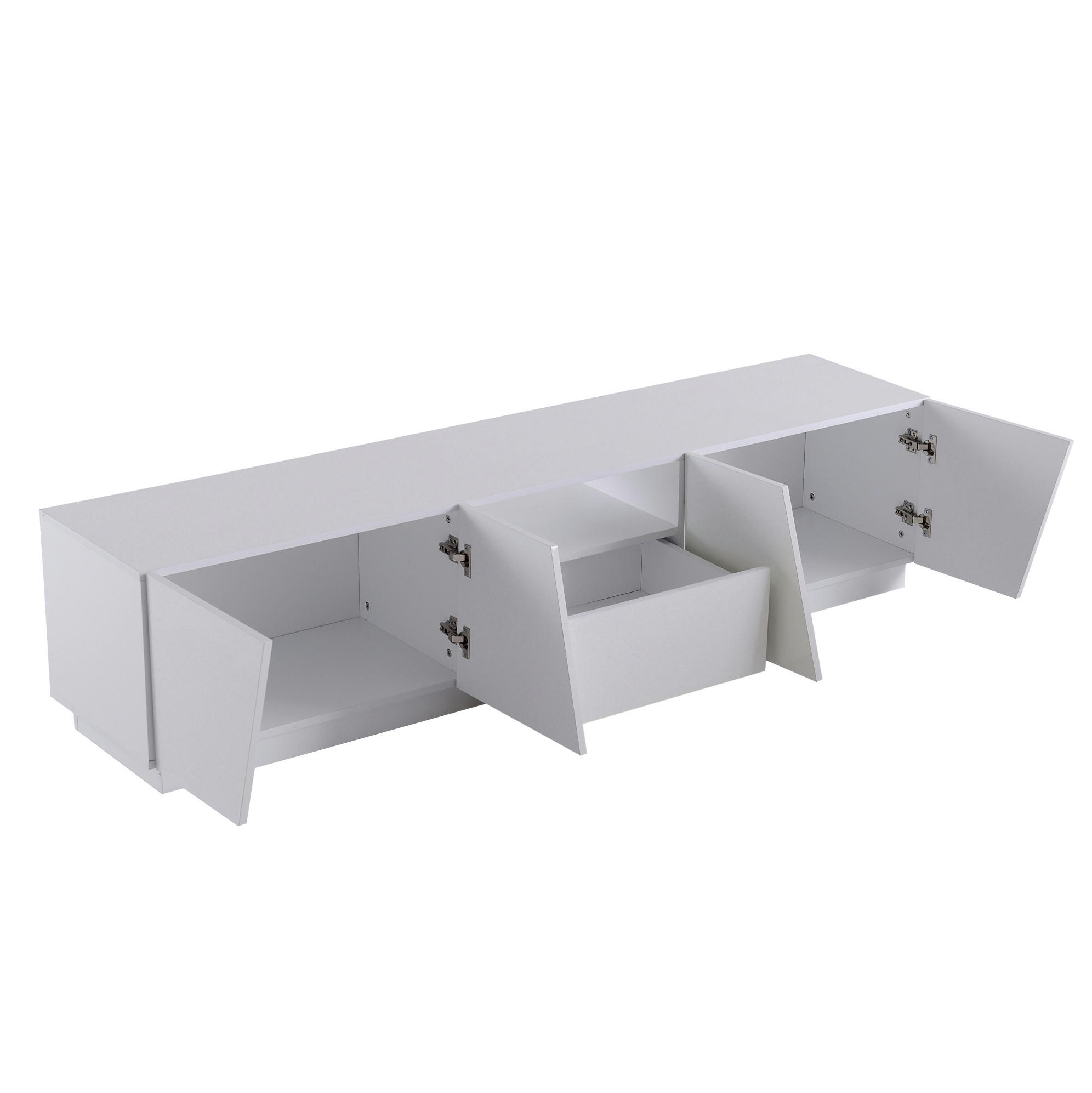 OKWISH TV stolek 170/37/42 cm bílý z MDF s nepravidelným segmentovým designem a dvěma otevřenými policemi
