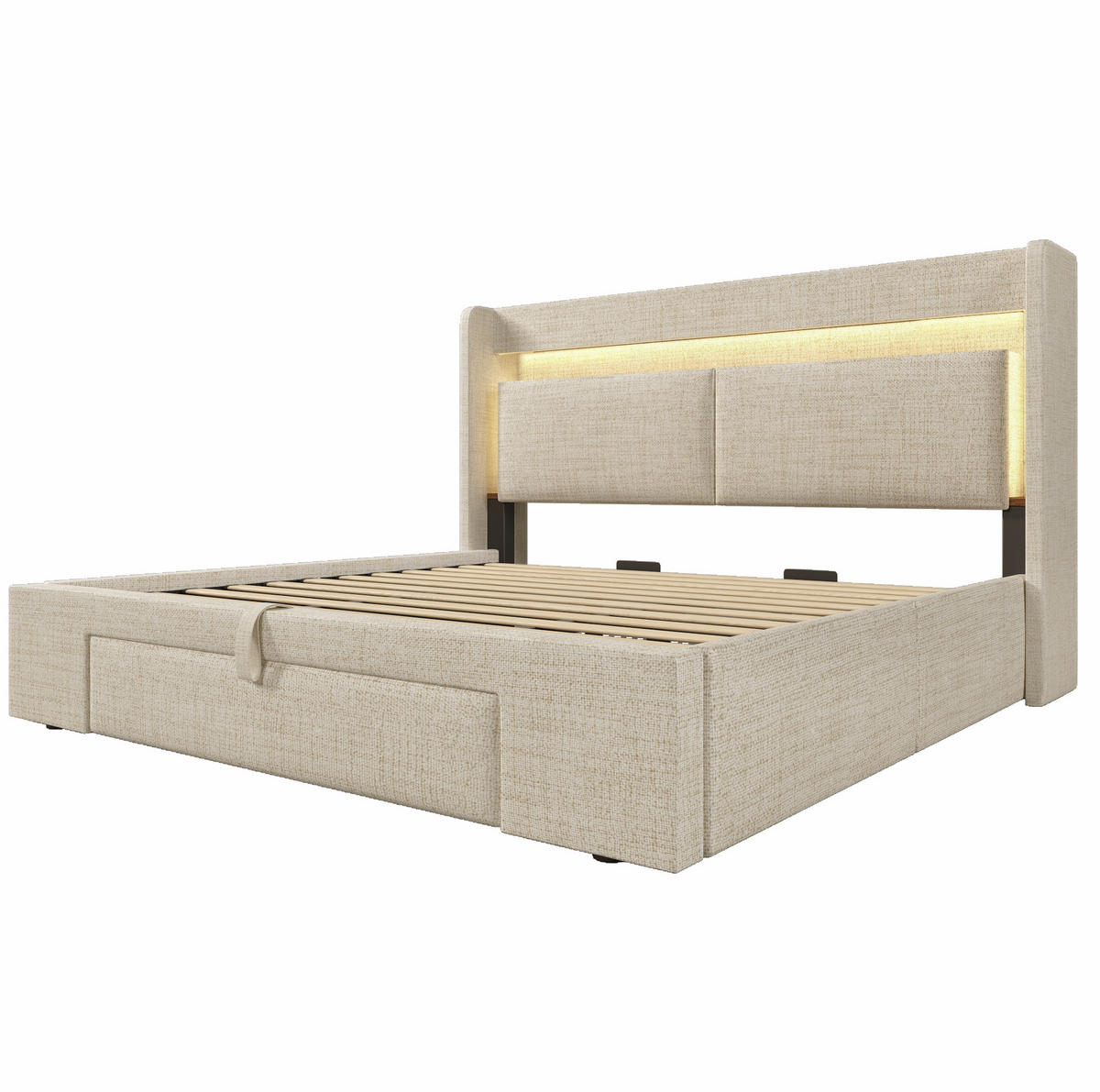 ČALOUNĚNÁ postel 180/200 cm béžová ze lnu s LED osvětlením USB a hydraulickým úložným prostorem - béžová, textil (180/200cm) - OKWISH