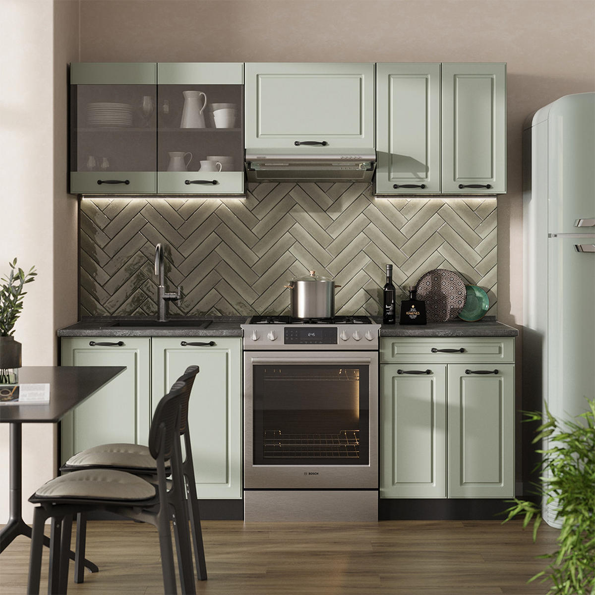 KÜCHENZEILE R-Line, Mint Landhaus/Anthrazit, 200 cm Arbeitsplatte Goldkraft Eiche - Anthrazit/Grün, Holzwerkstoff (200/81.6/60cm) - Vicco