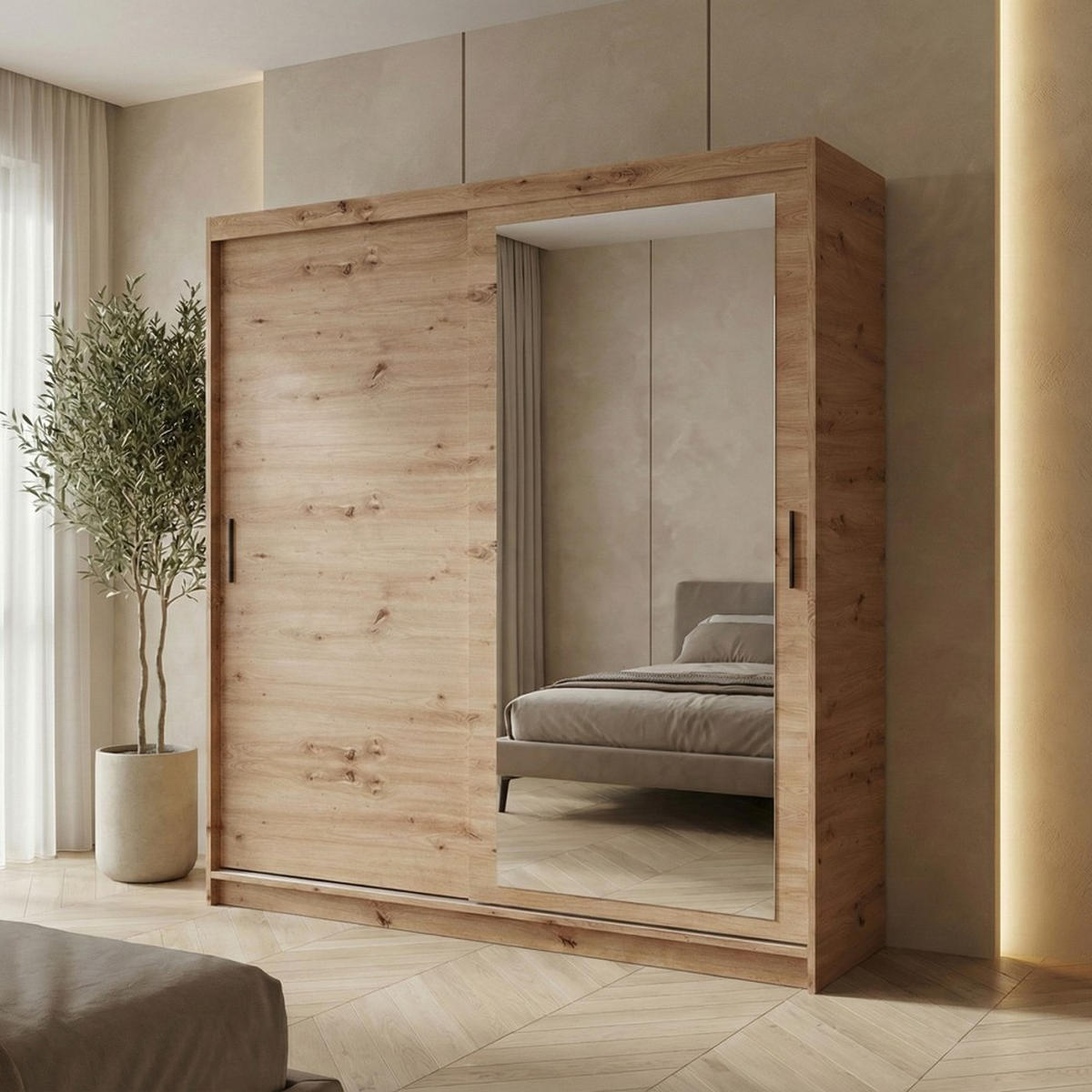 SCHWEBETÜRENSCHRANK Hela 180/205/60 2-türig eiche Artisan mit Schubladen - Eiche Artisan, Holzwerkstoff (180/205/60cm) - Beautysofa