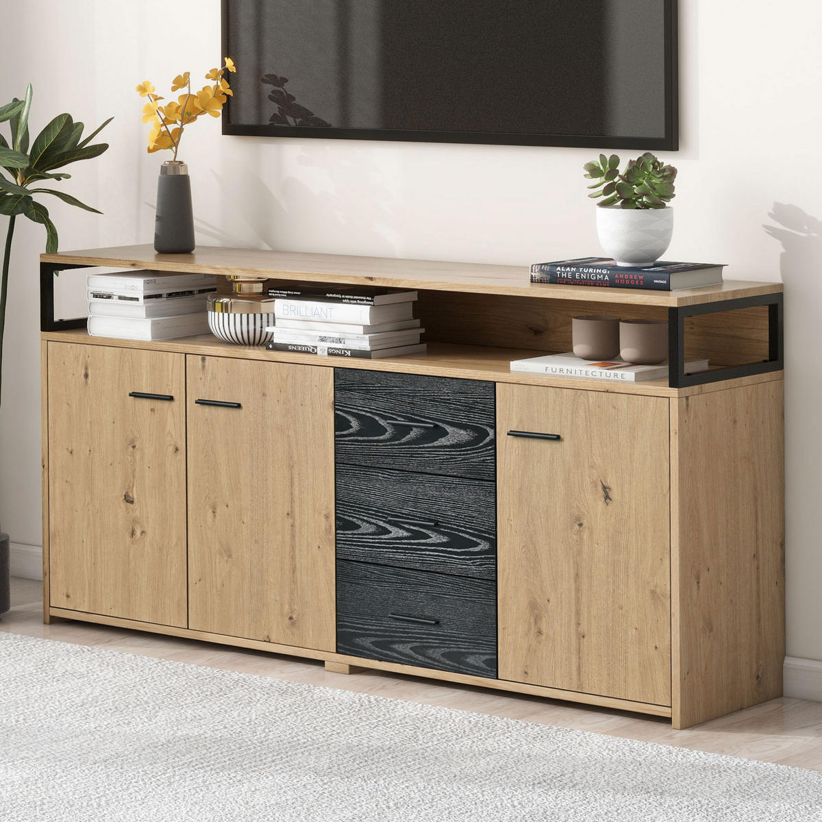 SIDEBOARD mit 3 Türen und 3 Schubladen, verstellbare Einlegeböden, 150/35/75,9 cm, Schwarz/Holzoptik - Naturfarben, Holzwerkstoff (150/75.9/35cm) - Redom