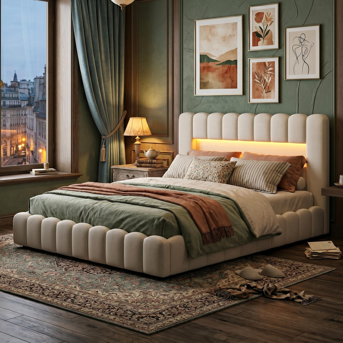 POLSTERBETT Modern 160/200 cm mit Bettkasten LED & USB Leinenoptik Beige - Beige, Textil (160/200cm) - Creahappy