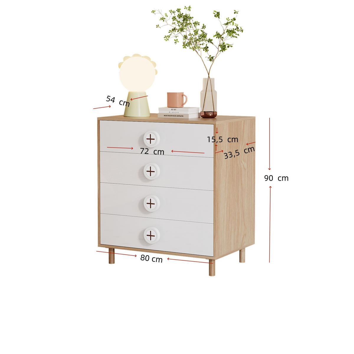 KOMODA s 4 predali v naravni in beli barvi, 80/54/90 cm - naravne barve, leseni material (54/90/80cm) - OKMYHOME