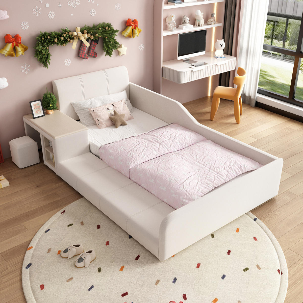 POLSTERBETT 90/200 cm Weiß aus Samt mit Schreibtisch und Hocker - Weiß, Textil (90/200cm) - OKMYHOME