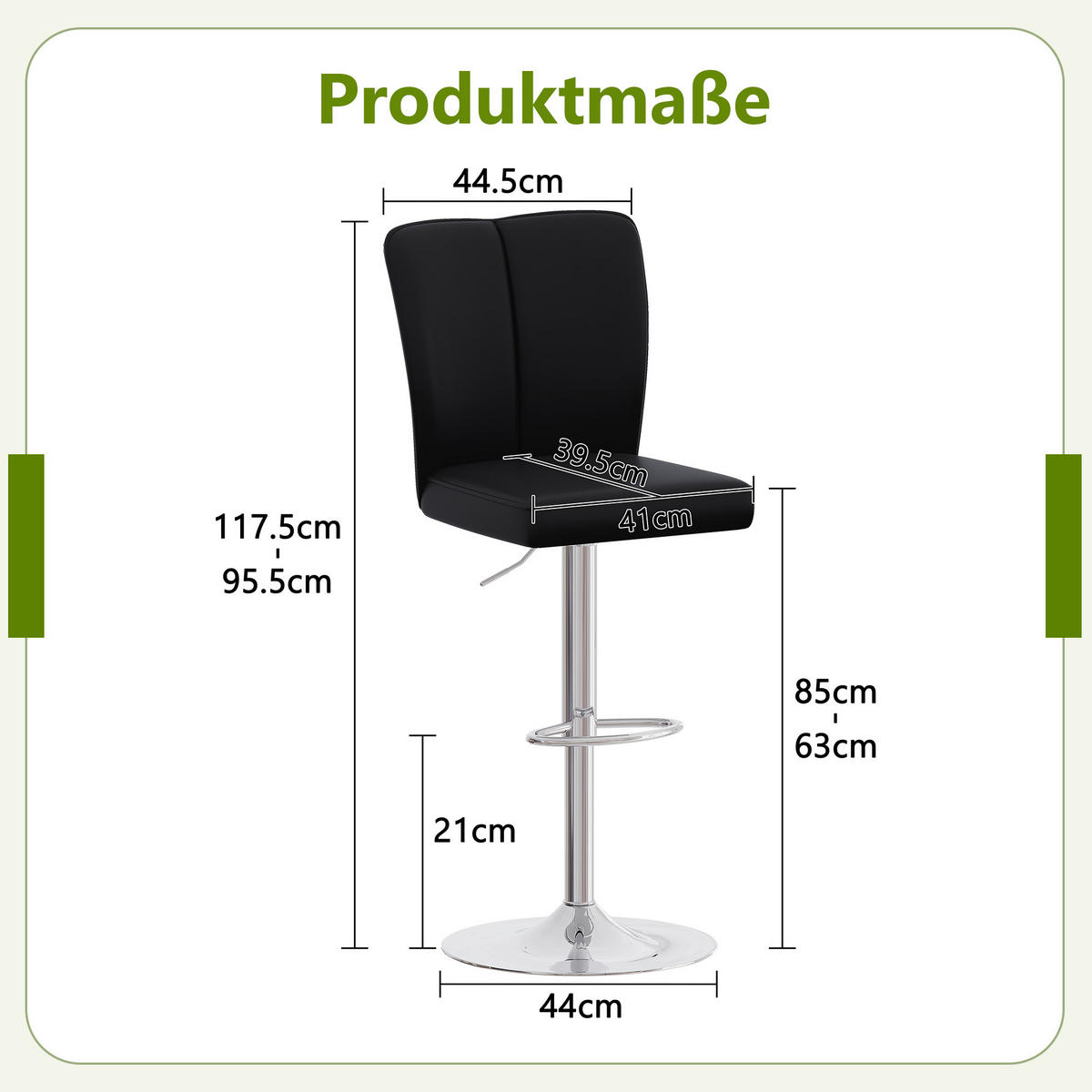 BARHOCKER Schwarz-Silber 2er-Set höhenverstellbar 360° drehbar mit PU-Leder - Schwarz, Metall (44.5/95.5/44cm) - PANGIVO