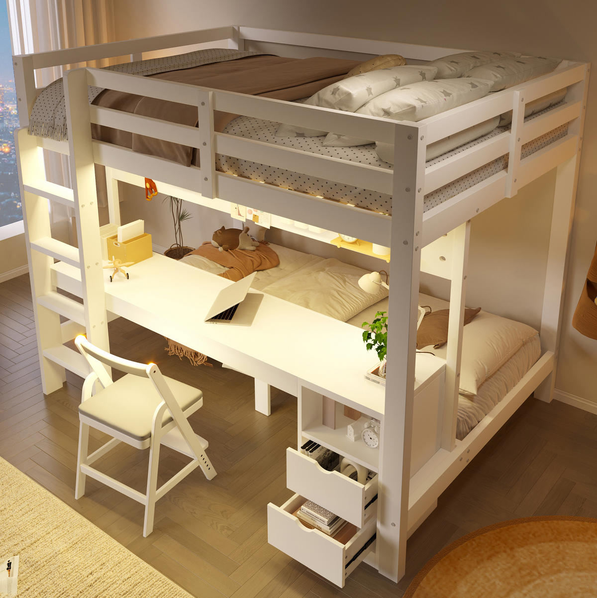 HOCHBETT 140/200 cm aus Kiefernholz mit Schreibtisch, Weiß - Weiß, Holz (140/200cm) - OKMYHOME