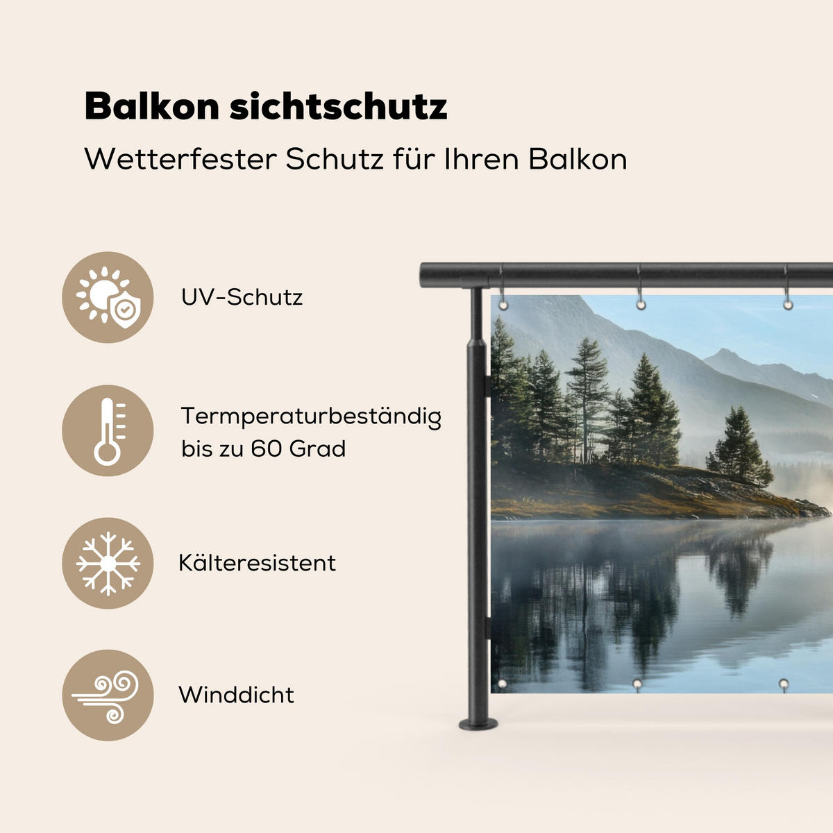 BALKON-SICHTSCHUTZ See - Nebel - Berge - Landschaft - Hellblau, Kunststoff (200/110cm) - MuchoWow