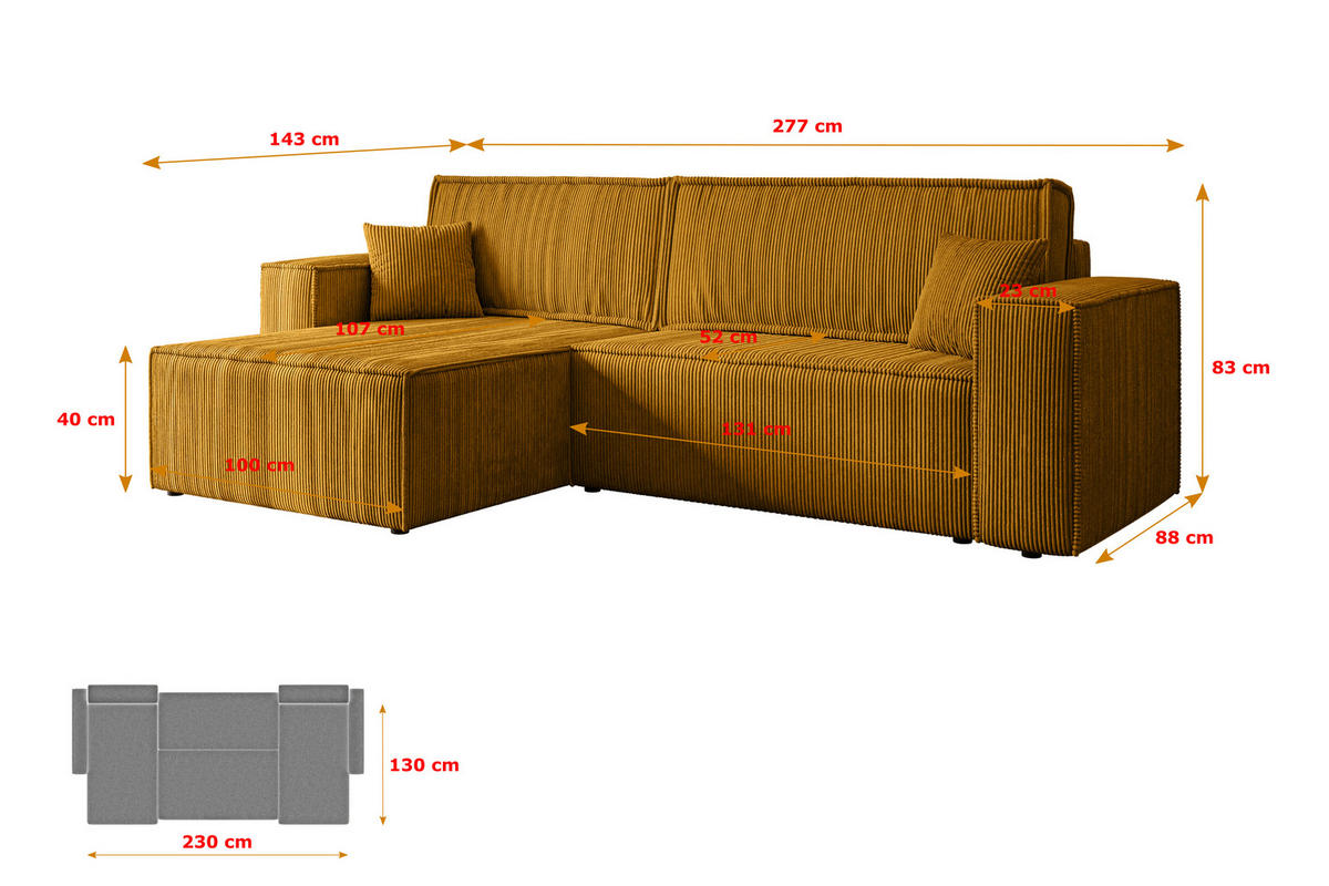 ECKSOFA mit Schlaffunktion und Bettkasten CELTIC-XL - 277x143x83 cm Senfgelb Cord - Gelb/Schwarz, Holzwerkstoff/Kunststoff (277/143cm) - ALTDECOR