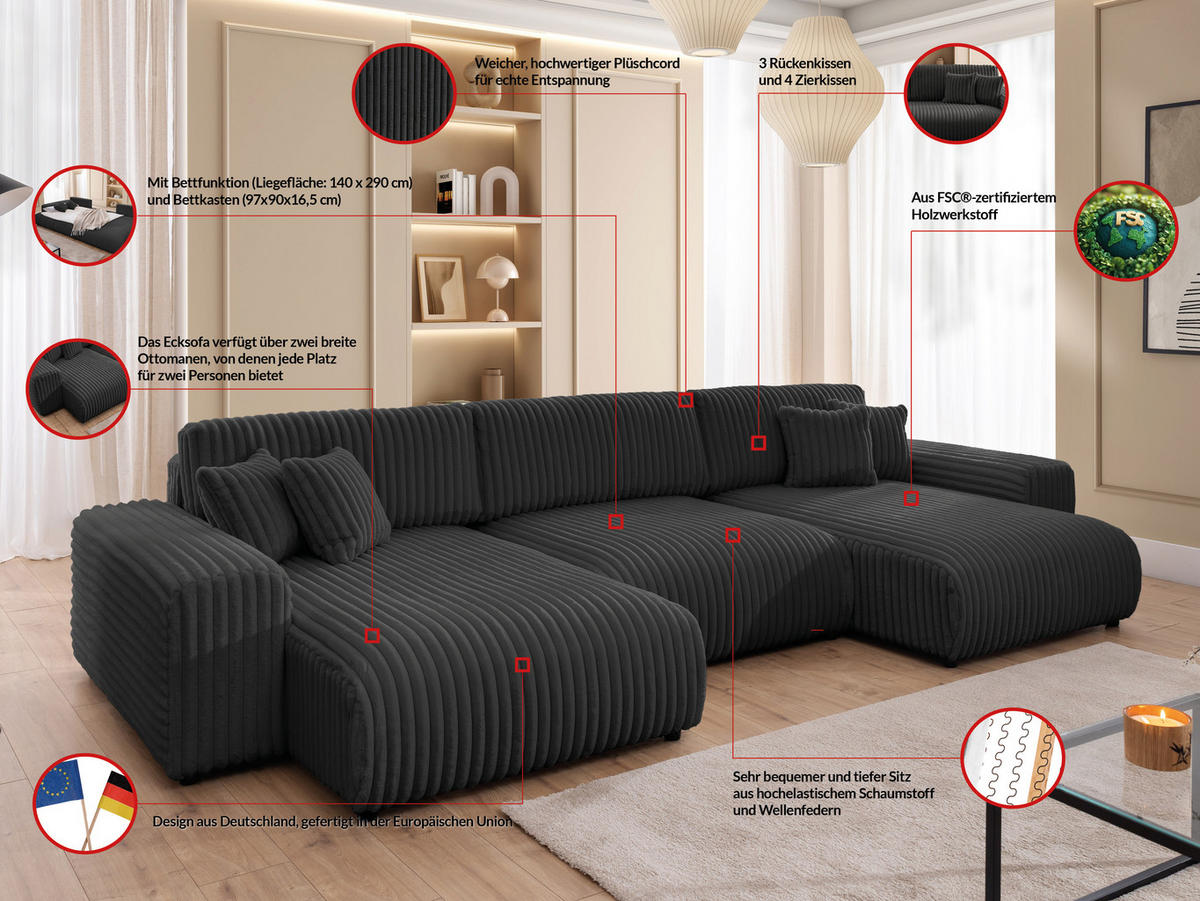 WOHNLANDSCHAFT Mollis Dunkelgrau Plüschcord mit Schlaffunktion - Dunkelgrau/Schwarz, Holz/Kunststoff (350/77/168cm) - S-Style Möbel