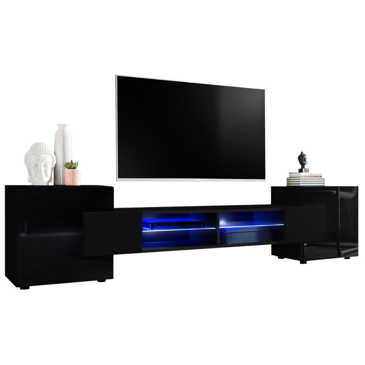 LOWBOARD MERANO Black, Blau LED Beleuchtung - Schwarz, Glas/Holzwerkstoff (230/52.5/35cm) - Komodee