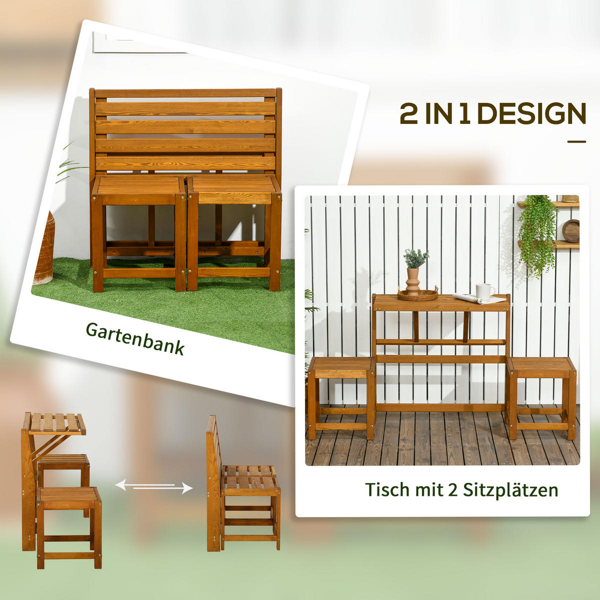 GARTENMÖBEL-SET, Gartentisch, Holzbank für 2 Personen, Massivholz, Teak - Teakfarben, Holz - Outsunny