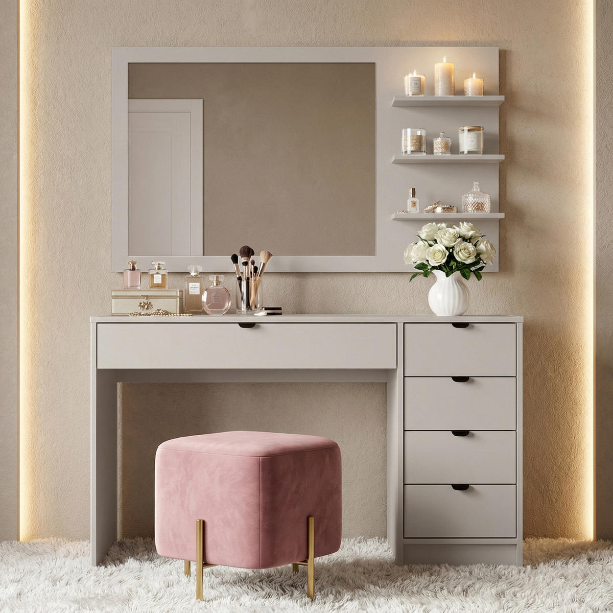 SCHMINKTISCH Malta mit 5 Schubladen, mit Spiegel, mit Griffen, Kaschmir - Kaschmir/Schwarz, Holzwerkstoff/Metall (120/145.5/57cm) - Beautysofa