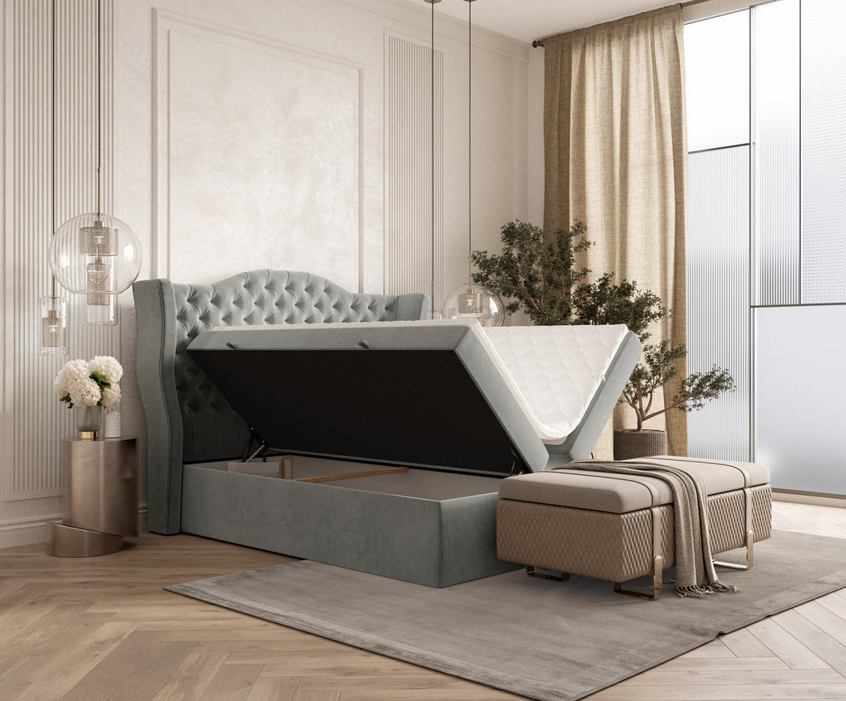 BOXBETT Royal Grau 160/200 cm im Samtstoff - Schwarz/Grau, Holz/Holzwerkstoff (160/200cm) - Maison de Reve