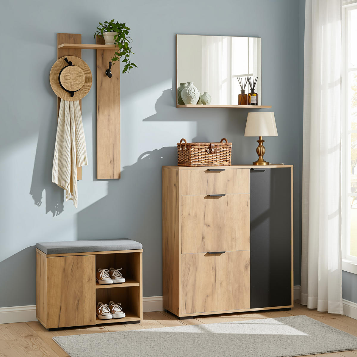 GARDEROBEN-SET 140 cm Natur & Schwarz – Flurmöbel mit Spiegel, Schuhbank & 4 Türen Modern - Naturfarben, Holzwerkstoff (140/139/35cm) - Urban Meuble