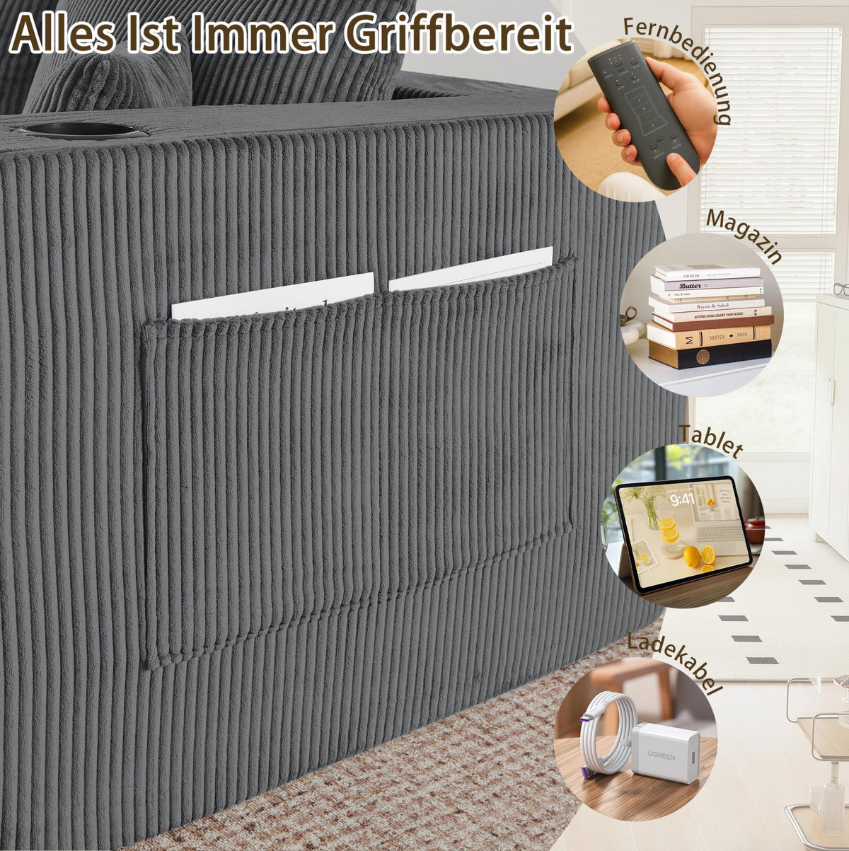 SOFA modulares Ecksofa 3-Sitzer Cord Gray mit 2 Ottomanen - Grau, Kunststoff (230/75/138cm) - IVMEU