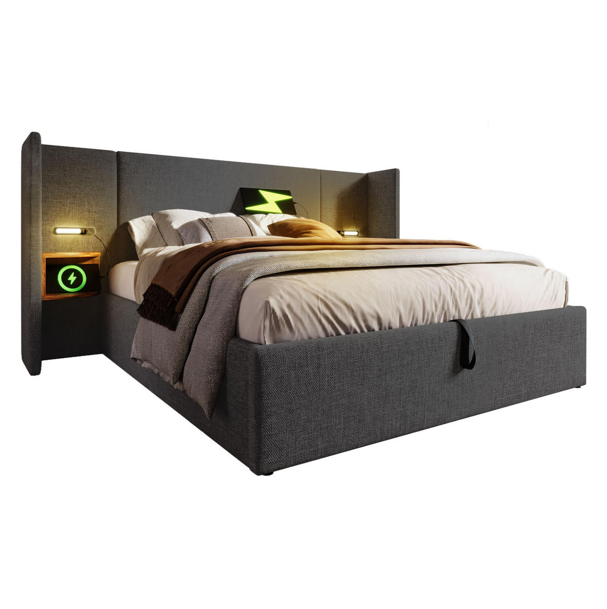 POLSTERBETT 160/200 cm Grau mit Nachttisch und USB-Ladefunktion - Grau, Textil (160/200cm) - OKWISH