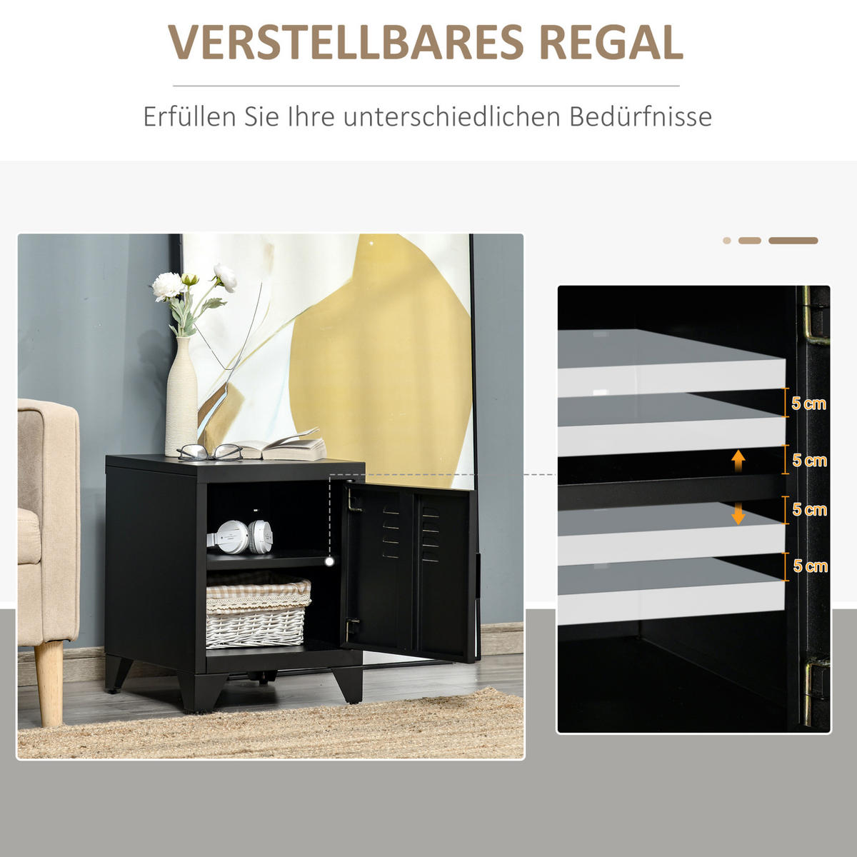 NACHTTISCH 40/40/50 cm mit verstellbarem Regal und Jalousietür aus Metall, Schwarz - Schwarz, Metall (40/50/40cm) - Redom